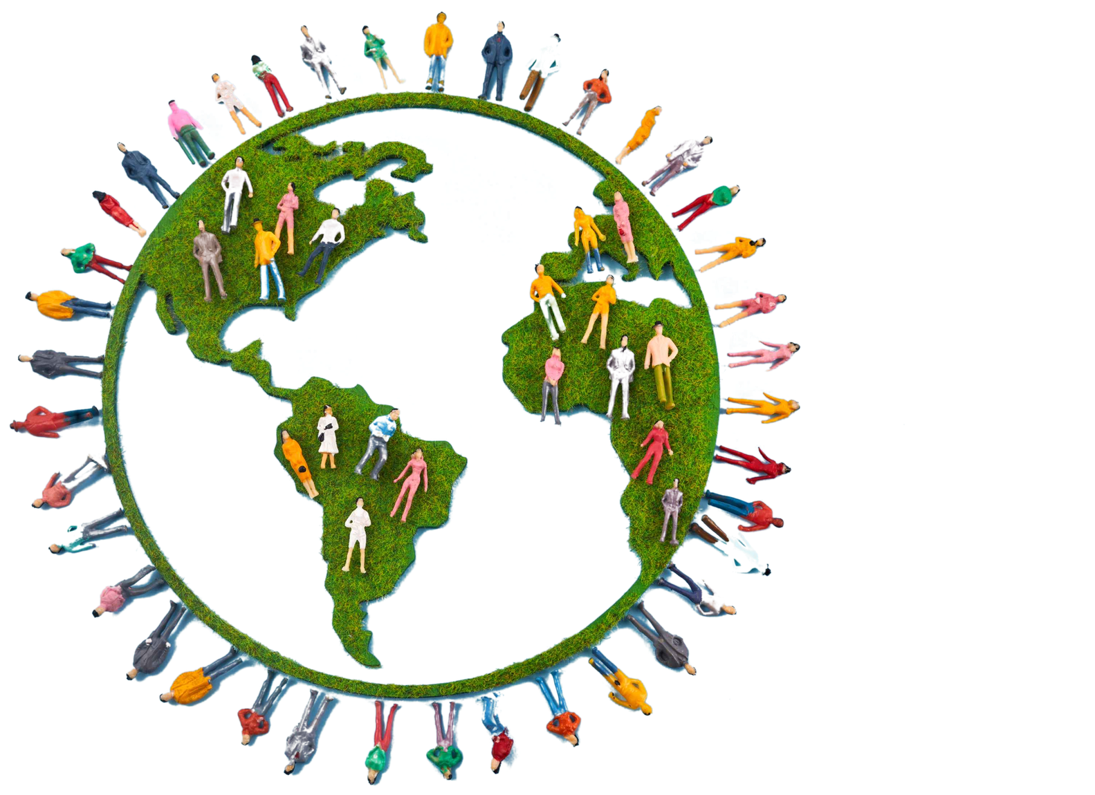 Miniature people standing on a green felt globe — a multinational community on a sustainable planet