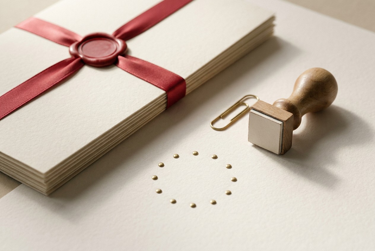 Formal documents bound with a red ribbon and wax seal, a stamp and a faint circle of brass studs nearby