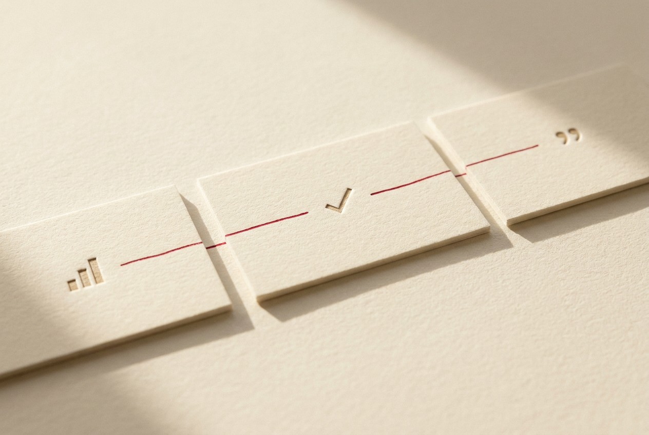 Three cream cards joined by a single red line, marked with an engraved chart, checkmark and quotation mark