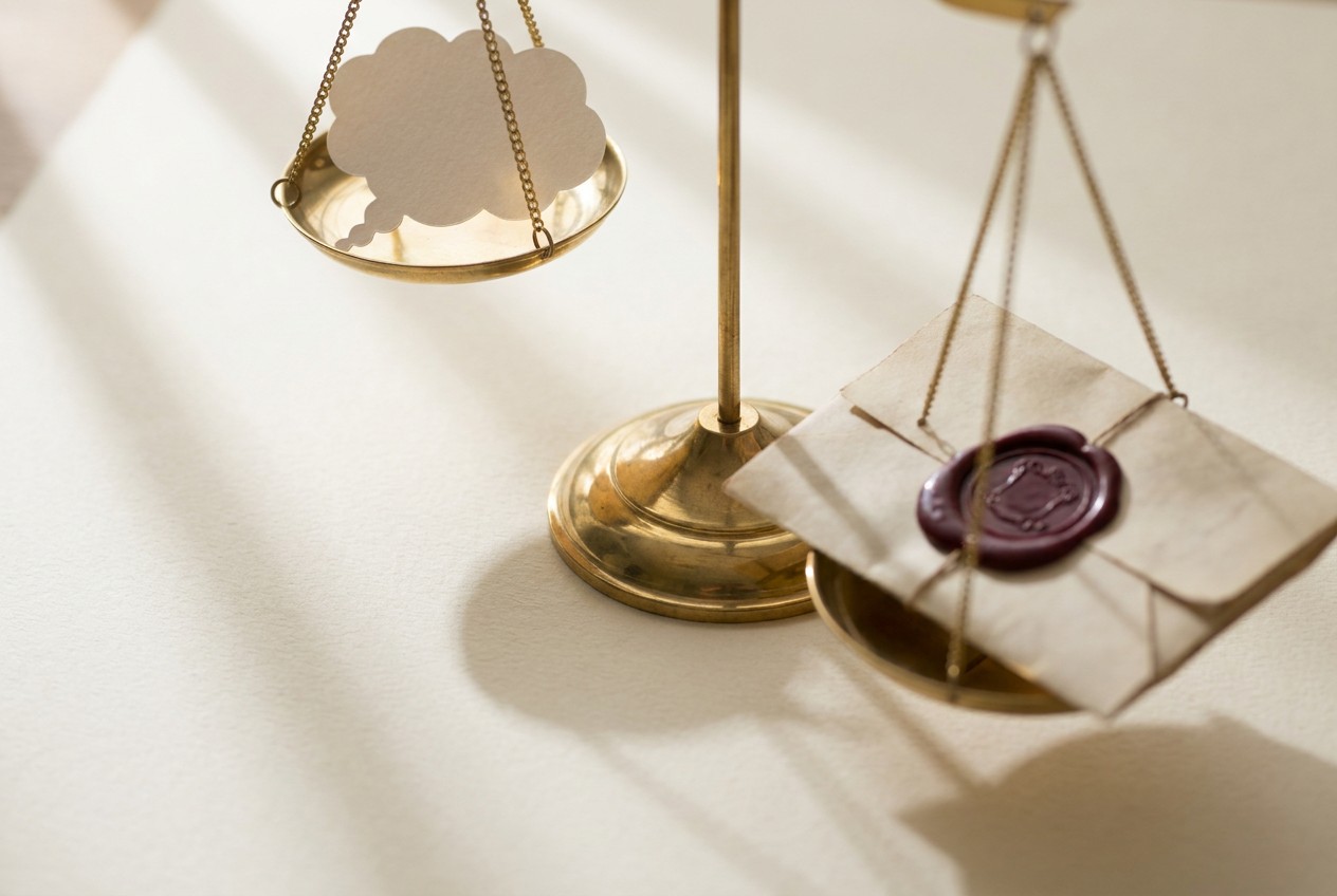 A brass balance scale: a paper speech bubble outweighed by a wax-sealed document